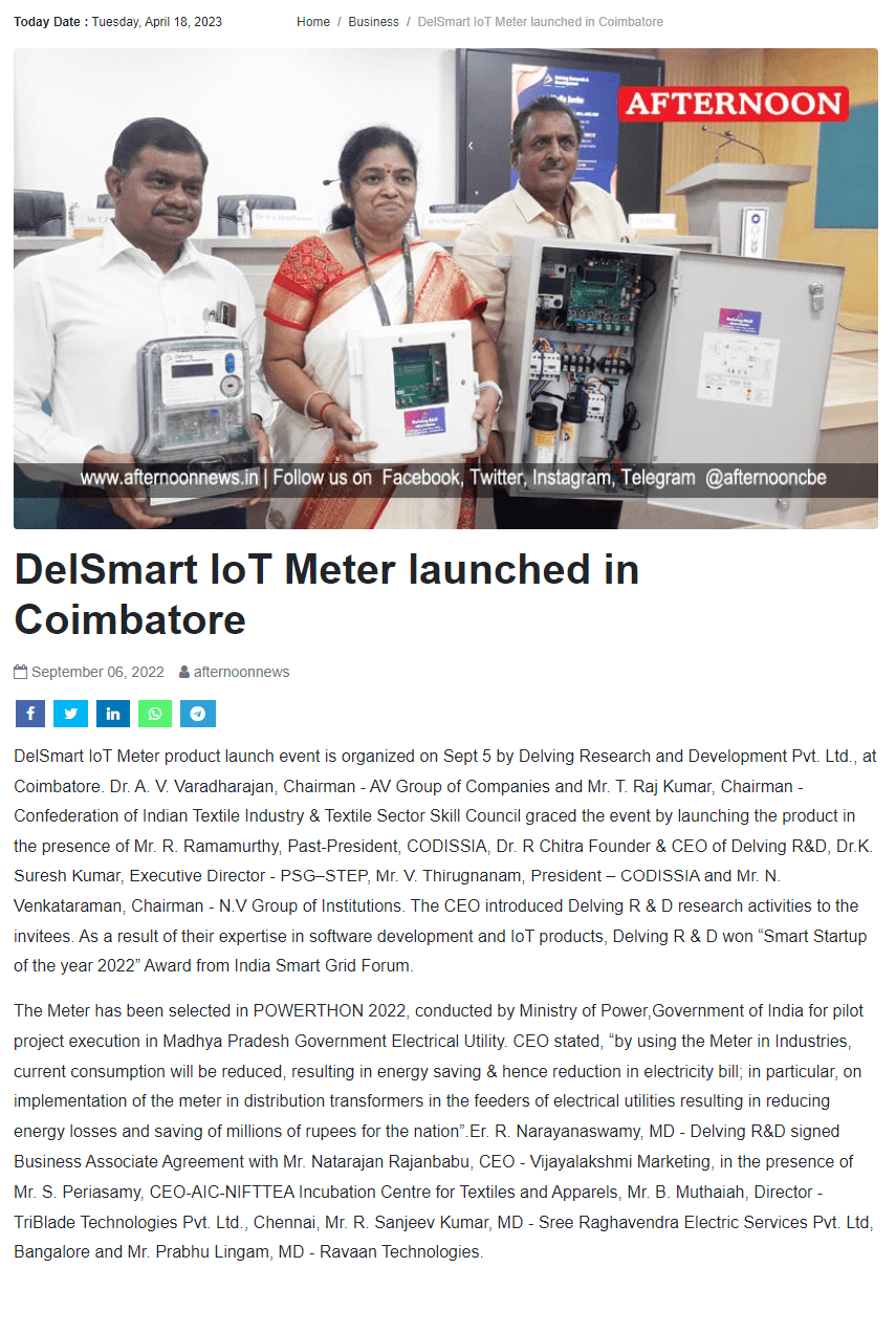 Delsmart IoT meter launched in Coimbatore